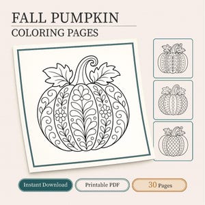 May include: A set of printable colouring pages titled FALL PUMPKIN COLOURING PAGES. The main image shows a large pumpkin with intricate floral and leaf line art patterns. Three smaller square thumbnails display additional pumpkin designs.