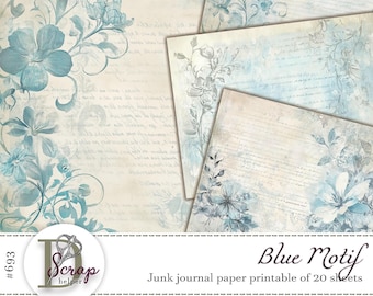 Franskt blått skräpjournalpapper utskrivbart 20 ark Vintage basic Grunge Spets Antikblått Blommigt blått Shabby blått skräpjournalmaterial #693