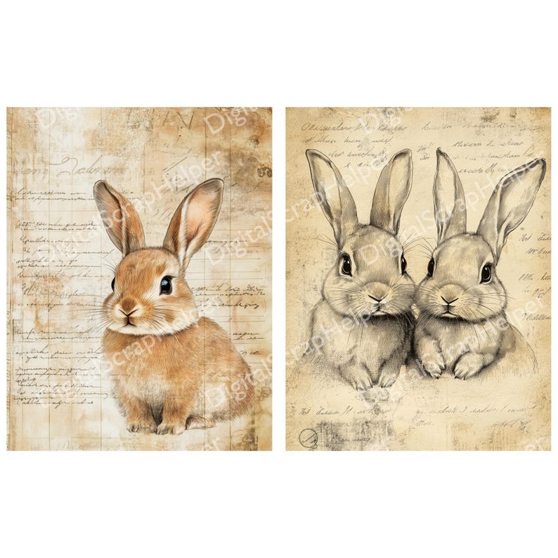 Scrappy Rabbit Cute Rabbit Ledger Paper Printable 12 Sheets Scrappy Bunny French ...
