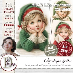 May include: A digital print featuring a vintage illustration of a child in a green elf costume with a red and white hat. The image includes text that says "Christmas Letter" and "Craft kits for adults and kids".
