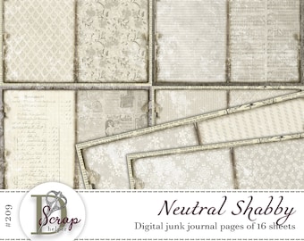 Neutral junk journal pages printable of 16 sheets Vintage Shabby chic Basic essentials Cottage Gray Cottagecore junk journal supplies #209