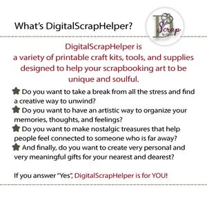 K&ouml;nnte beinhalten: Eine digitale Scrapbooking-Ressource namens DigitalScrapHelper wird als M&ouml;glichkeit beschrieben, einzigartige und gef&uuml;hlvolle Scrapbooking-Kunst zu schaffen. Der Text fragt, ob Sie eine Auszeit vom Stress nehmen, Erinnerungen organisieren, nostalgische Sch&auml;tze erstellen oder pers&ouml;nliche Geschenke gestalten m&ouml;chten. Der Text schliesst mit den Worten: Wenn Sie mit "Ja" antworten, ist DigitalScrapHelper genau das Richtige f&uuml;r Sie.