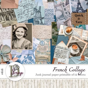 Papel de collage francés imprimible de 12 hojas Masterboard Scrappy Paris Diary Notas románticas parisinas Papel pergamino Uso comercial gratuito #616