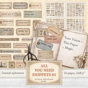 May include: A selection of vintage-style journal ephemera snippets, including tags, labels, and notes. The design features a neutral colour palette with text such as "coastal mail", "express post 14", and "All You Need Snippets #1". The pages are 27.9 x 21.6 cm.