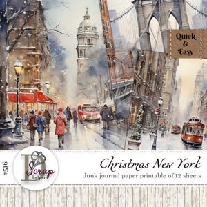 New York Christmas junk journal paper printable 12 sheets Scrappy Watercolor Winter in New York Holiday Greeting Free commercial use #516