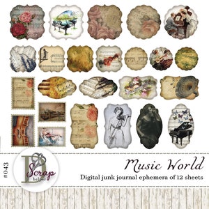 Efímeras musicales antiguas de 12 hojas Músico Violín Guitarra Notas Papel musical Clave de sol Arte Suministros de diario basura #043