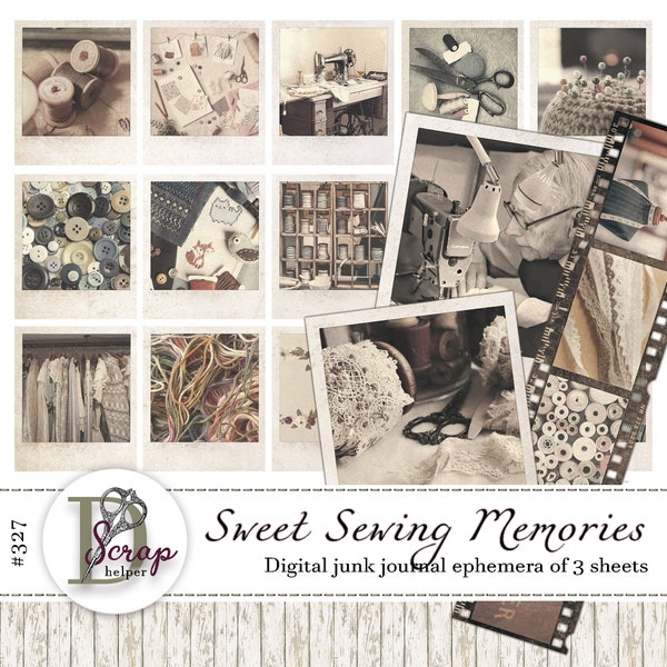 Sewing ephemera Faded photos printable of 3 sheets Knitting Quilting Treads Needles Sewing machine junk journal supplies #327