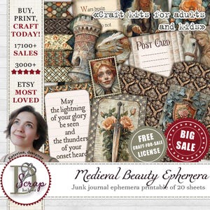 May include: A digital printable pack of 20 sheets of medieval themed ephemera for junk journaling. The pack includes images of a castle, a dragon, a knight, a sword, roses, and a postcard. The text "Craft kits for adults and kids" is visible in the image.