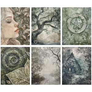 Pu&ograve; includere: Un collage digitale di sei immagini con un tema di foresta mistica. Le immagini includono il viso di una donna, un grande albero, un simbolo di pentagramma, uno schema a spirale, una ragnatela e un piccolo cottage.