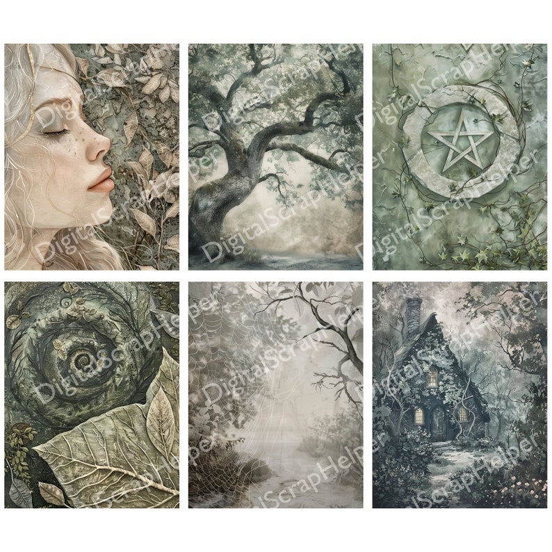 Pu&ograve; includere: Un collage digitale di sei immagini con un tema di foresta mistica. Le immagini includono il viso di una donna, un grande albero, un simbolo di pentagramma, uno schema a spirale, una ragnatela e un piccolo cottage.