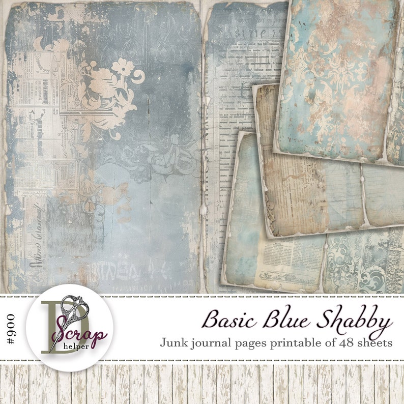 Blue Shabby Junk Journal Pages Printable of 48 Sheets Vintage Basic ...
