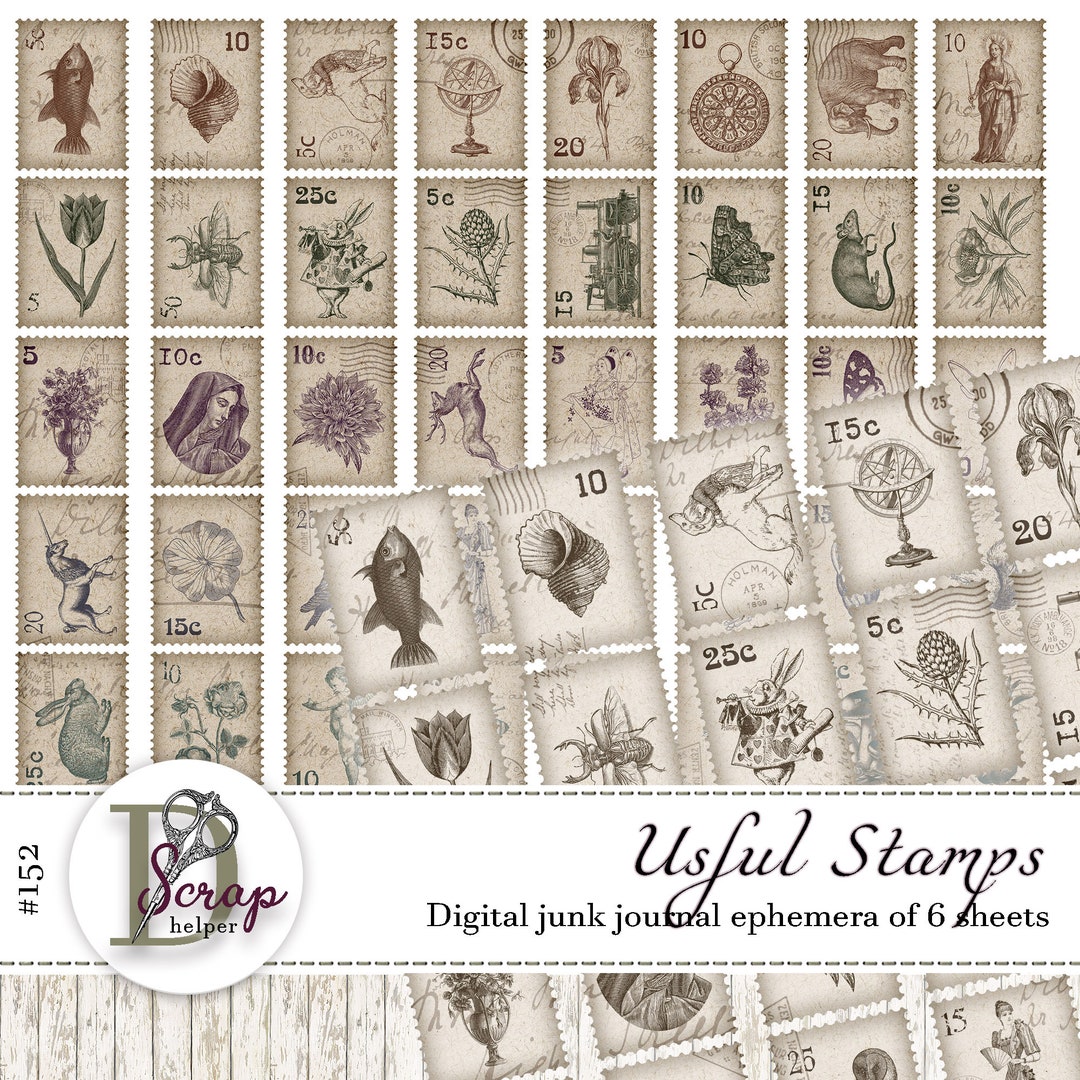 Vintage Junk Journal Ephemera Faux Stamps Printable of 6 Sheets Postal ...