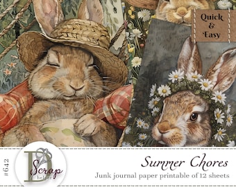 Summer Peter Rabbit junk journal paper printable 12 sheets Scrappy Beatrix Potter Garden Bunny Kids Baby Journaling Free commercial use #642