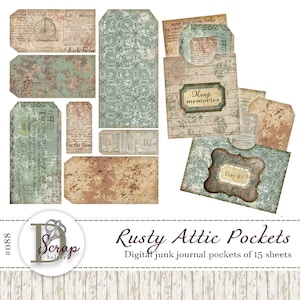May include: A set of 15 digital junk journal pockets in a rustic style with a blue and brown color scheme. The pockets feature various designs, including floral patterns, newspaper clippings, and vintage labels. The text "Keep memories" and "Day #1" are visible on two of the pockets.