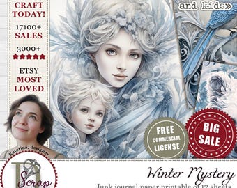 Winter fairytale junk journal paper for blue Christmas scrapbooking and magic ephemera | Digital download