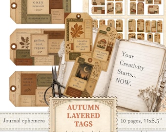 Etiquetas de otoño en capas, material imprimible para diario creativo de otoño para manualidades de temporada / Descarga digital / 1592