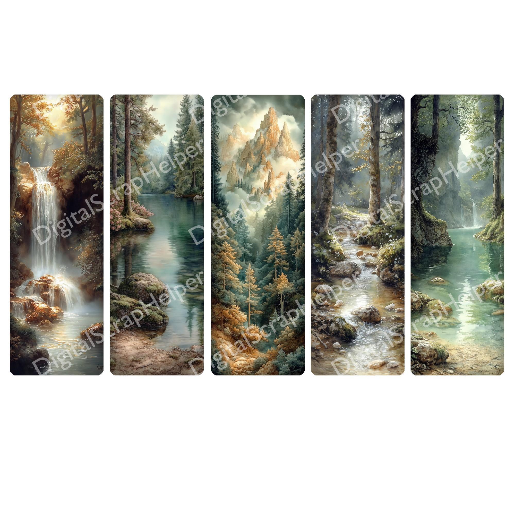 Woodland Bookmarks Set: Illustrated Forest, Waterfall (printable) - Etsy UK