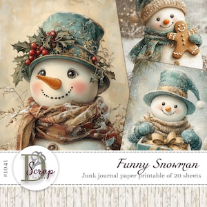 Cute Christmas snowman watercolor paper printable 20 sheets Snowman wall art set Seasonal kids room decor Funny snowman gift card #1041