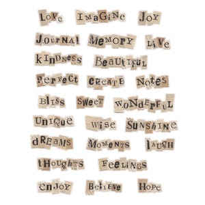 inspirational words, positive words, journal words, affirmation stickers, digital words, journaling words, printable words, happy phrases, quotes stickers, bullet journal words, motivational words, mix media collage, mix media supplies