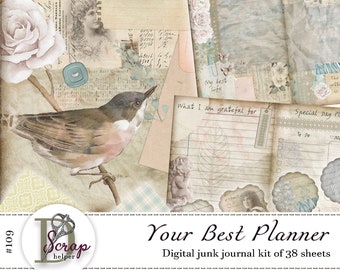 May include: A digital junk journal kit with 38 sheets, featuring a bird, roses, and a handwritten title "Your Best Planner". The kit includes various decorative elements, such as a bird, roses, and a handwritten title "Your Best Planner".