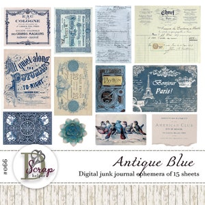Vintage Junk Journal Ephemera 15 Blätter Blau Blau Shabby Chic botanische Blumen blau blau #066