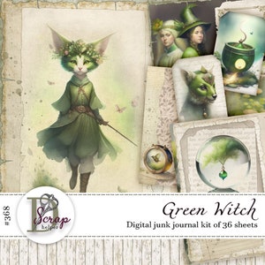 Kit de diário de bruxa verde para impressão com 36 folhas Forest Magic Fairy Grimoire Witchcraft junk journal supplies #368