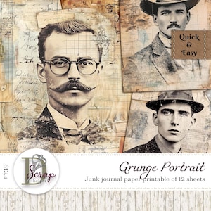Collage de papel con diseño de hombre grunge, imprimible en 12 hojas, papel pergamino con diseño de abuelo vintage, papel Masterboard Scrappy Cottage, uso comercial gratuito n.° 739