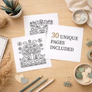 May include: A collection of coloring pages with floral and bird designs, along with pencils, paper, and decorative items. The text "30 UNIQUE PAGES INCLUDED" is displayed on one of the pages. The pages are on a wooden surface.