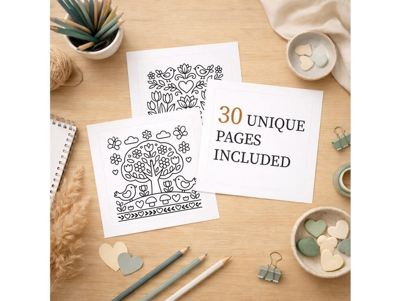 May include: A collection of coloring pages with floral and bird designs, along with pencils, paper, and decorative items. The text "30 UNIQUE PAGES INCLUDED" is displayed on one of the pages. The pages are on a wooden surface.