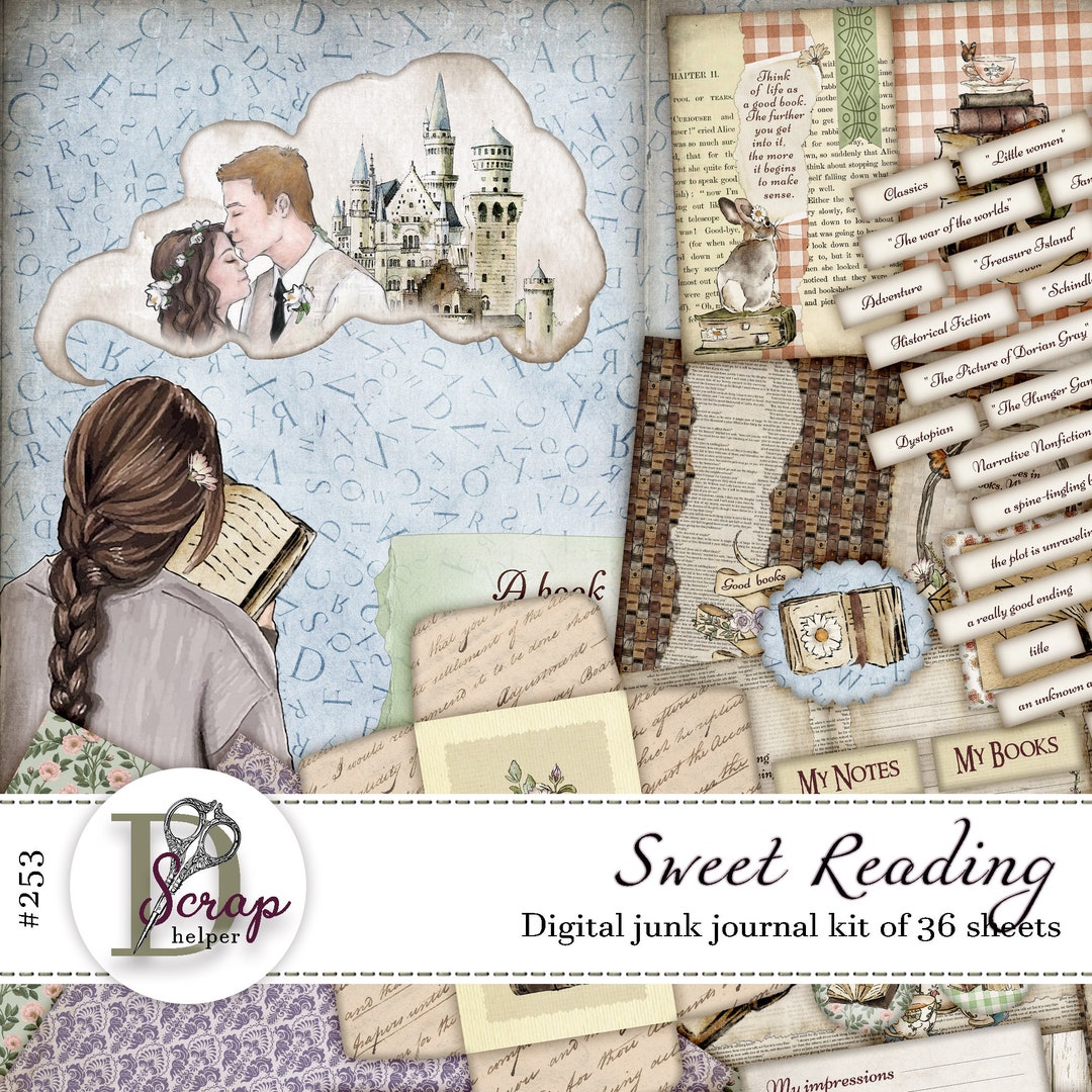 Books Junk Journal Kit Printable of 36 Sheets Reading Library Shelf ...