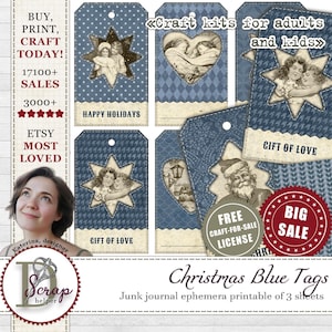 Sjabloon blauwe kersttags afdrukbaar van 3 vellen Kerstkaarten Feestdagen Shabby blauwe adventskalenderbenodigdheden benodigdheden voor ongewenste tijdschriften