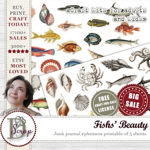 Vintage sea creatures clip art for nautical fussy cut and slow crafting | Digital download