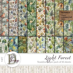 Padrão de floresta clara sem costura papel digital Árvores Cones Samambaias Folhas Natureza Floresta Ervas Flores silvestres Uso comercial gratuito de 16 folhas #417