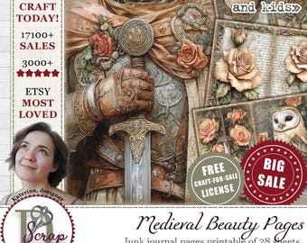 Medieval junk journal pages printable 28 sheets Medieval knight Renaissance Fantasy castle King Arthur Middle ages Fairytale kingdom #1088