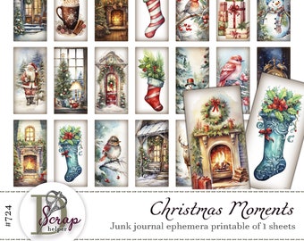 Vintage Christmas moment 1x2 inch domino stickers printable 1 sheet Christmas digital collage sheet Print for pendants journal supplies #724