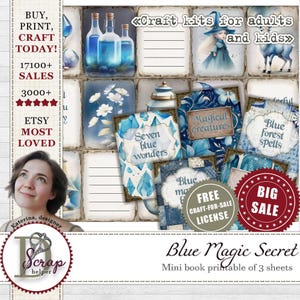 Fairy tale mini books printable of 3 sheets Do it yourself book Blue witch Fantasy Magic Miniature Embellishment junk journal supplies #361