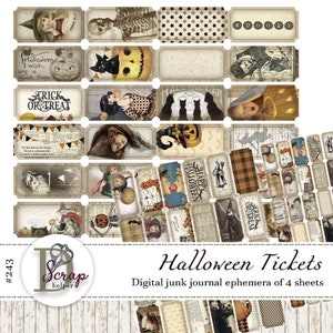 Halloween tickets printable of 4 sheets Boo gift Pumpkin Ghost Black cat Spooky party Witch Happy Halloween junk journal supplies #243