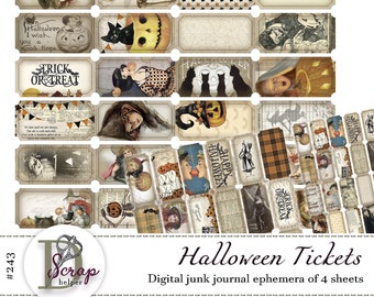 Halloween tickets printable of 4 sheets Boo gift Pumpkin Ghost Black cat Spooky party Witch Happy Halloween junk journal supplies #243