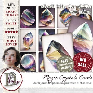 Cartes colorées de cristaux de fée imprimables de 3 feuilles Cartes magiques fantastiques Mystère sorcellerie éphémère Pierres indésirables fournitures pour journal # 379