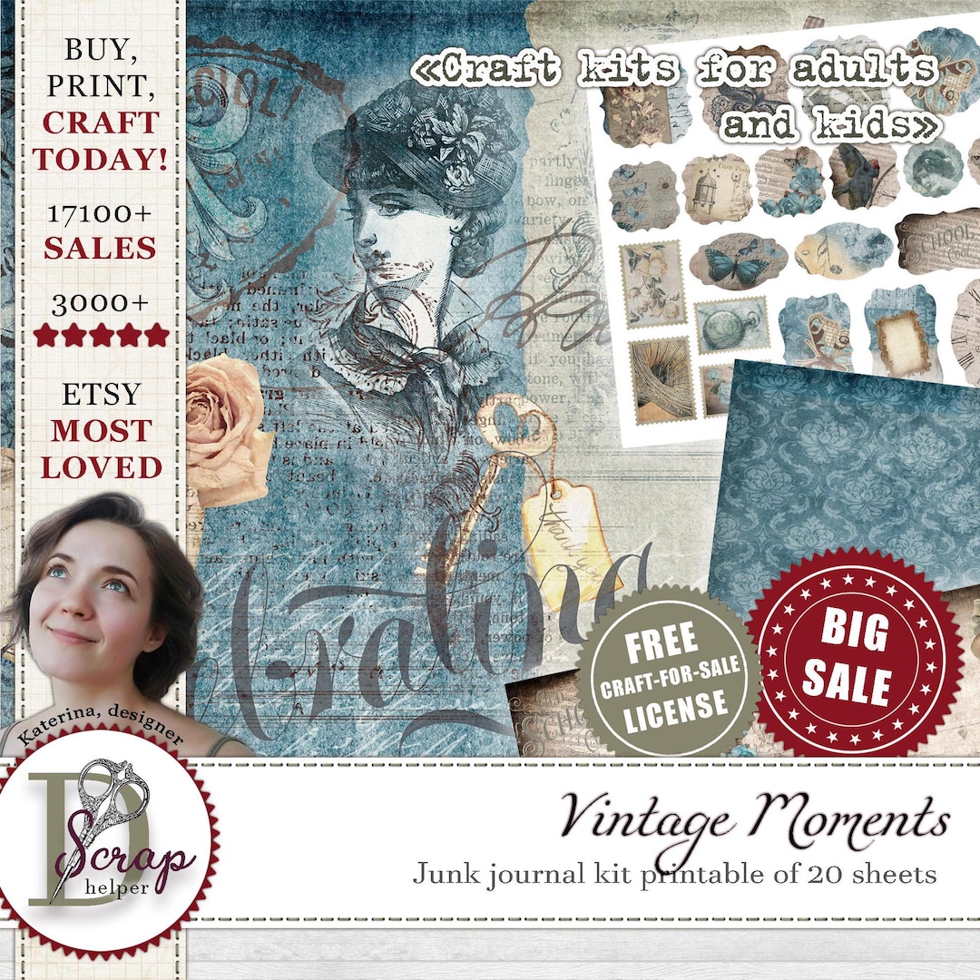 Vintage Blue Junk Journal Kit Printable of 20 Sheets Vintage Woman Lady ...
