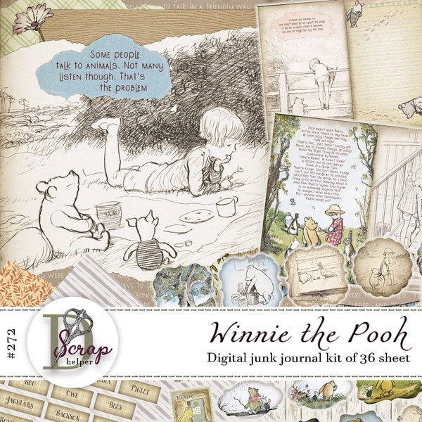 Winnie the Pooh junk journal kit printable of 36 sheets Pooh bear Children Little Kids Baby book junk journal supplies #272