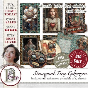 Whimsical steampunk junk journal ephemera printable of 17 sheets Industrial whimsy Victorian Gears and cog paper Mechanical scrapbook #1111
