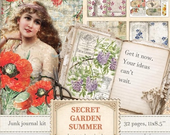 Secret garden junk journal kit for vintage meadow collages and scrapbooking | Digital download | 112