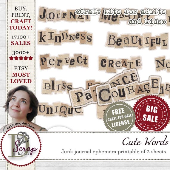 Positive journal words and mix media collage affirmation stickers printable 2 sheets Inspirational Happy phrases Motivational words #347