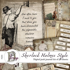 Sherlock Holmes-junglejournaalkit, afdrukbaar van 36 vellen Detective Man, mannelijke heren Arthur Conan Doyle, junkjournalbenodigdheden #211