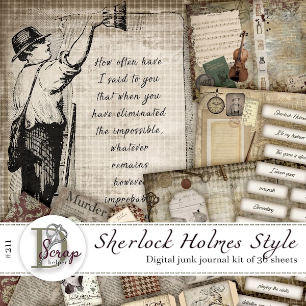 Sherlock Holmes junk journal kit printable of 36 sheets Detective Man Masculine Gentlemen Arthur Conan Doyle junk journal supplies #211