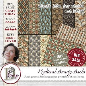 Könnte beinhalten: Eine Collage aus 32 bedruckbaren Junk-Journal-Hintergrundpapieren mit mittelalterlich inspirierten Designs. Die Papiere zeigen komplizierte Muster in Braun-, Gold-, Blau- und Rottönen. Der Text "Medieval Beauty Backs" ist am unteren Rand des Bildes zu sehen.