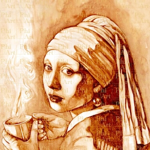 Stunning Coffee Art: The Girl With The Pearl Earring - Instant Download, Digital Painting, Johannes Vermeer Inspired, Coffee Painting Print