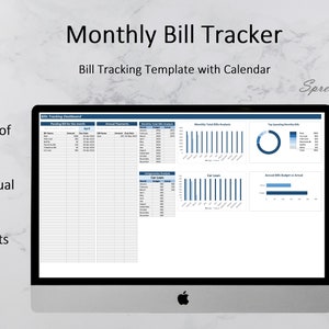 Może przedstawiać: Monitor komputera wyświetla szablon arkusza kalkulacyjnego "Monthly Bill Tracker". Ekran pokazuje wykresy i tabele do śledzenia rachunk&oacute;w, w tym automatyczne śledzenie oczekujących rachunk&oacute;w, analizę budżetu vs. rzeczywistego i dynamiczne wykresy. Widoczne jest logo Excel.