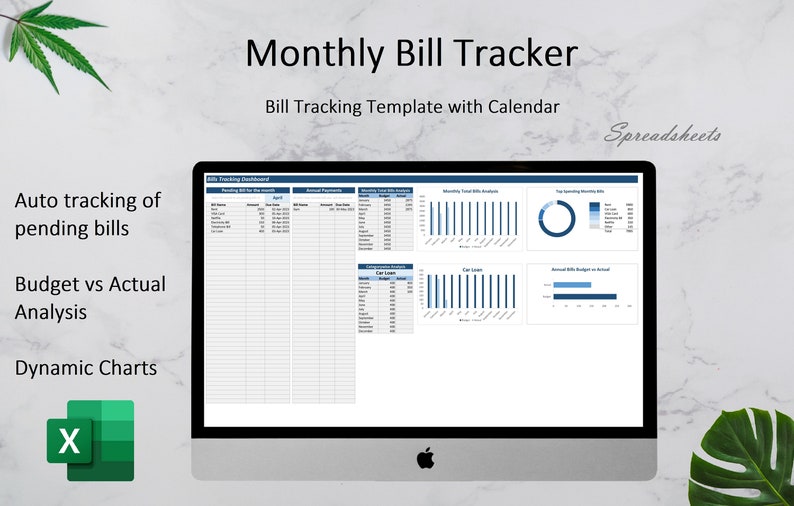 Może przedstawiać: Monitor komputera wyświetla szablon arkusza kalkulacyjnego "Monthly Bill Tracker". Ekran pokazuje wykresy i tabele do śledzenia rachunk&oacute;w, w tym automatyczne śledzenie oczekujących rachunk&oacute;w, analizę budżetu vs. rzeczywistego i dynamiczne wykresy. Widoczne jest logo Excel.